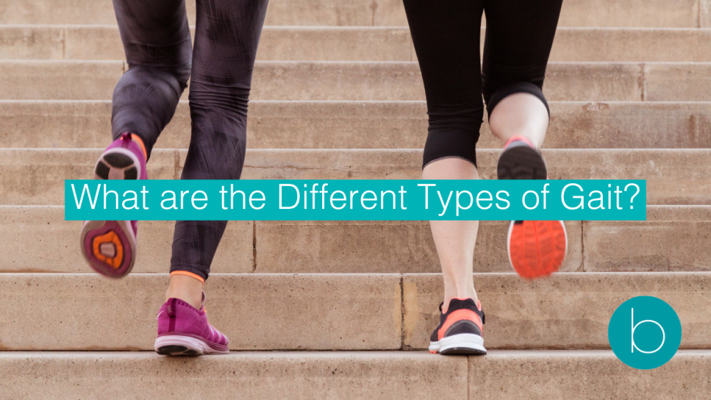 Two individuals in athletic wear walking up concrete stairs, used to illustrate the concept of different gait types.