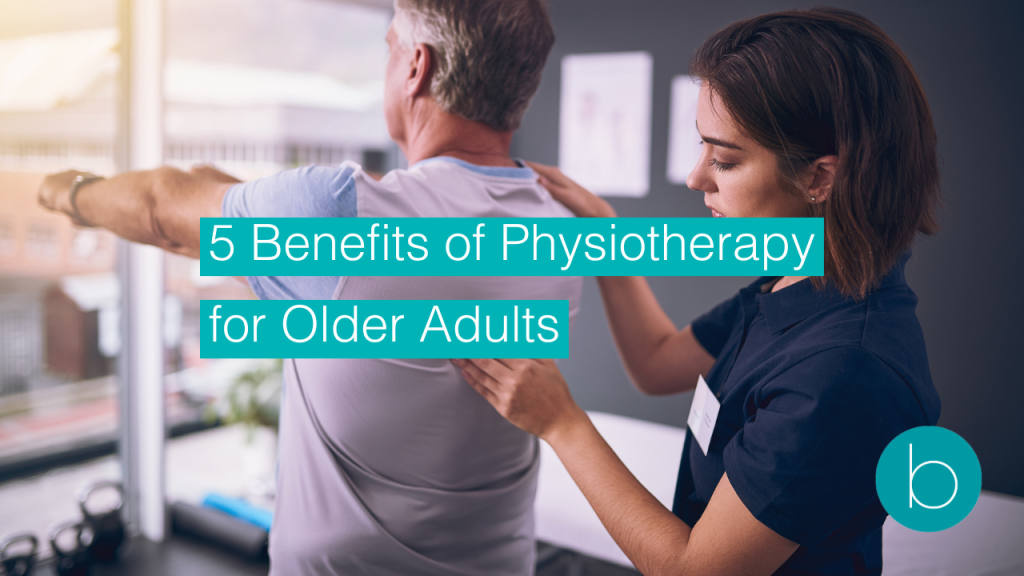 Female physiotherapist assisting an older male patient with shoulder exercises in a clinical setting, promoting physical therapy benefits for seniors.