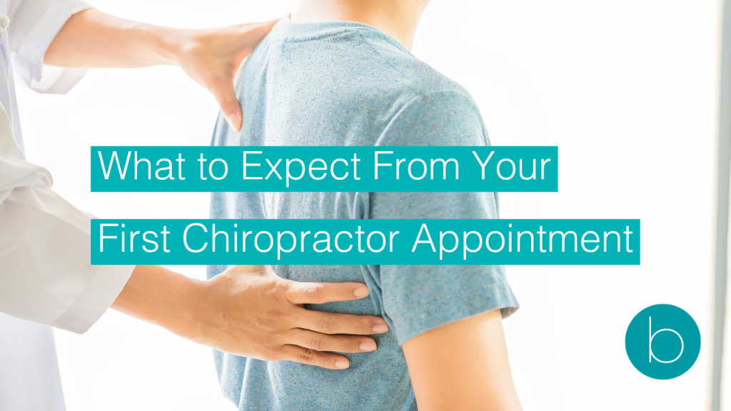 Chiropractor placing hands on a patient’s upper back during a spinal assessment, with overlaid text reading “What to Expect From Your First Chiropractor Appointment.”